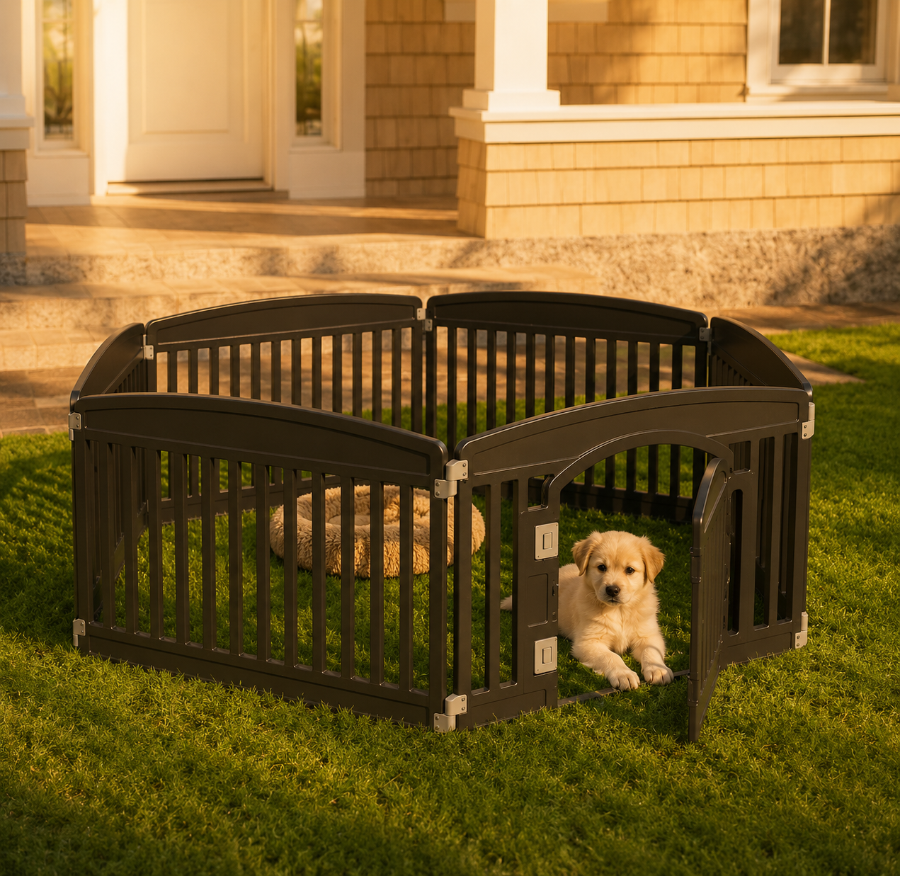 Expandable Plastic Dog Playpen – Indoor & Outdoor Pet Fence with Safety Door & Ground Anchors, Fits Small to Medium Dogs Up to 44 lbs