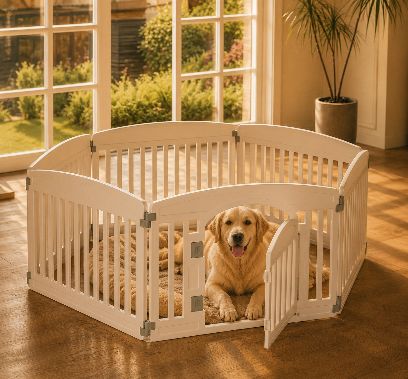 Expandable Plastic Dog Playpen – Indoor & Outdoor Pet Fence with Safety Door & Ground Anchors, Fits Small to Medium Dogs Up to 44 lbs