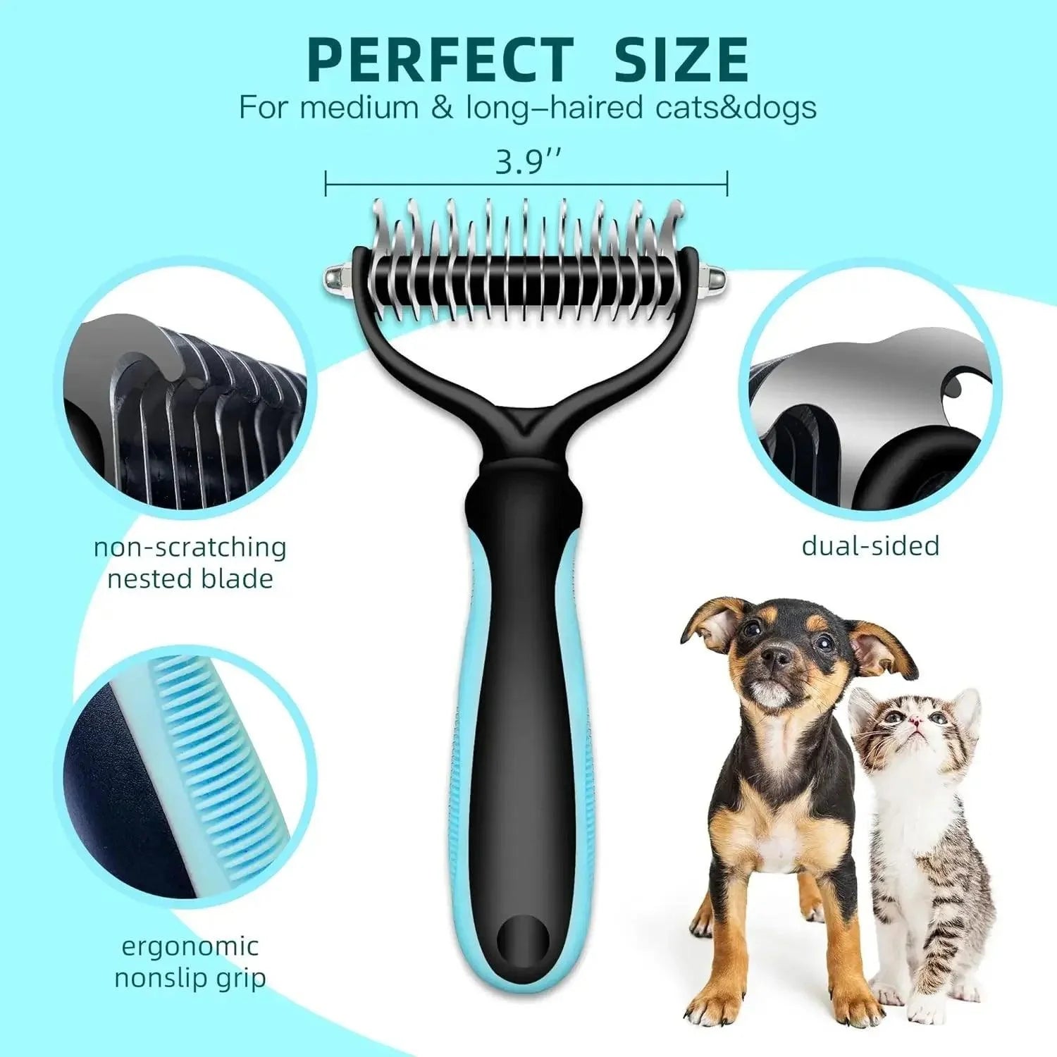 Double-Sided Dematting Comb for Cats & Dogs – Stainless Steel shedding Brush, Detangles Mats & Removes Loose Undercoat, Safe for All Breeds