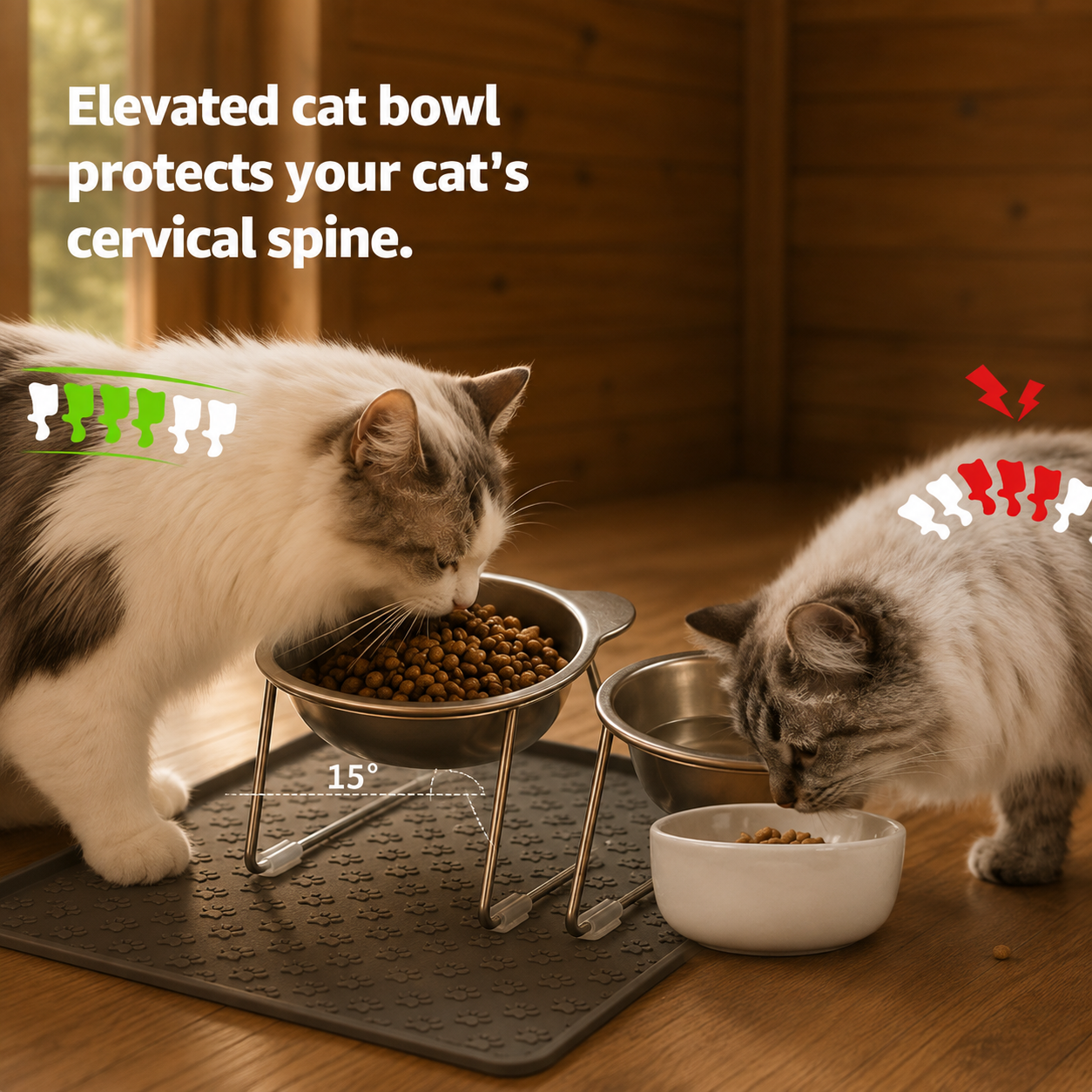 ‌304 Stainless Steel Raised Cat Bowl with 15° Elevated Design Tilted Neck Guard Healthy Feeding Shatterproof for Cats Puppies