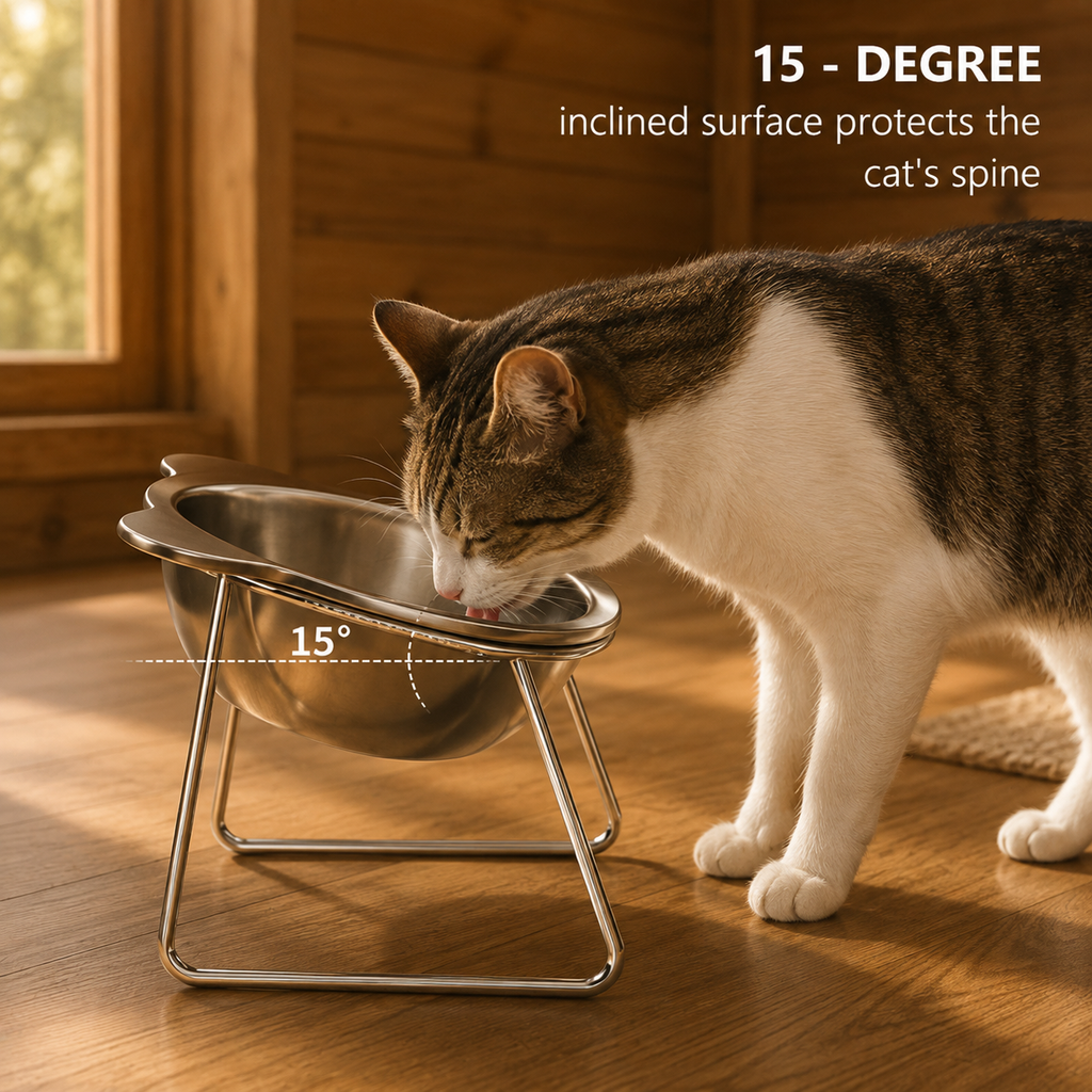 ‌304 Stainless Steel Raised Cat Bowl with 15° Elevated Design Tilted Neck Guard Healthy Feeding Shatterproof for Cats Puppies