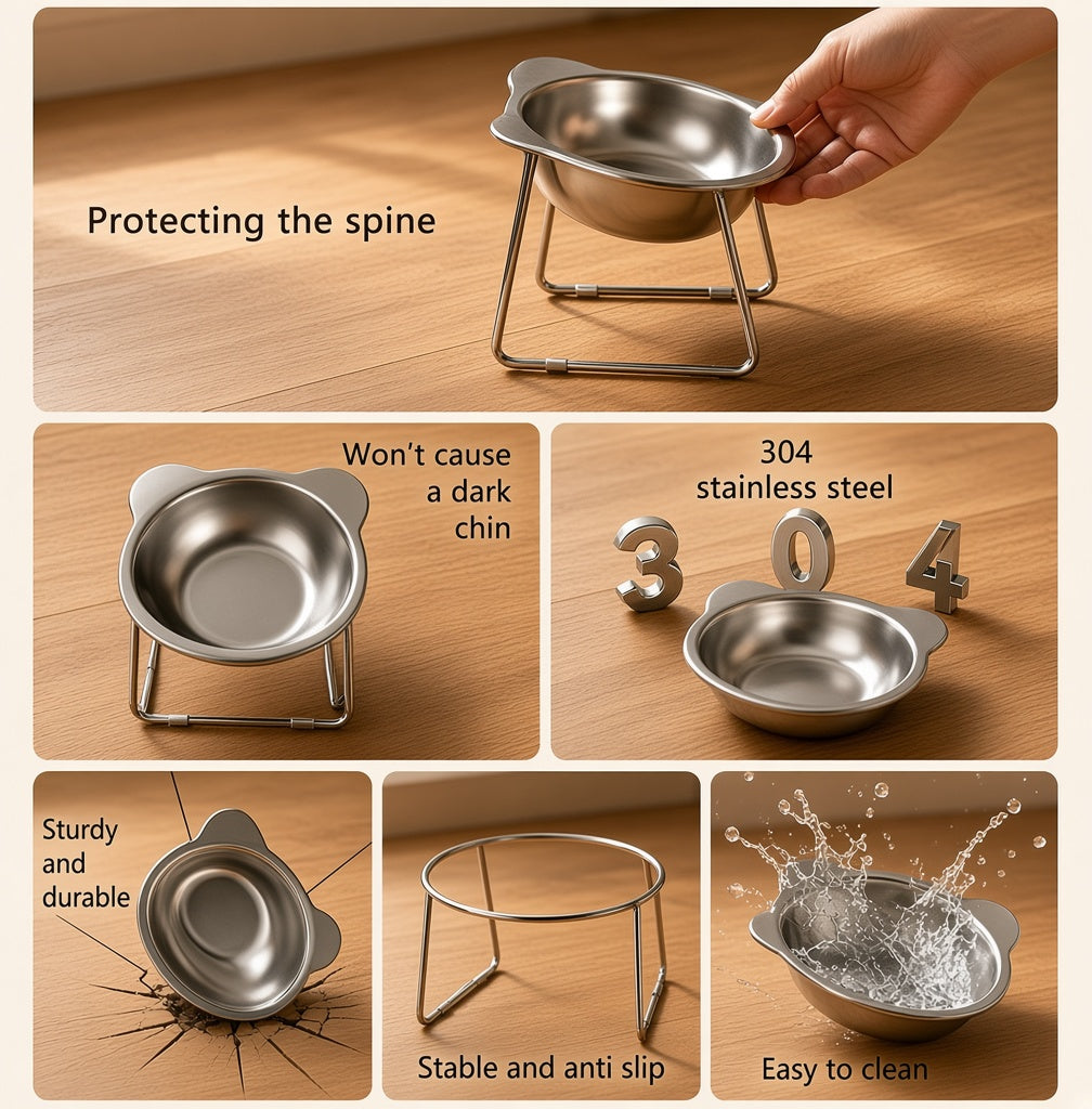 ‌304 Stainless Steel Raised Cat Bowl with 15° Elevated Design Tilted Neck Guard Healthy Feeding Shatterproof for Cats Puppies